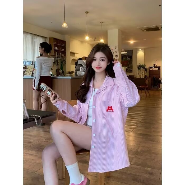 美式条纹长袖衬衫男女春秋季潮牌刺绣慵懒风c休闲衬衣外套HCS376,男装衬衫,星座208-5