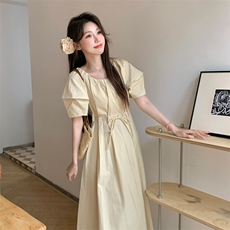 系带收腰连衣裙女夏褶皱泡泡袖显瘦中长裙2C276-L3440-P110-K155，女装连衣裙，2C276