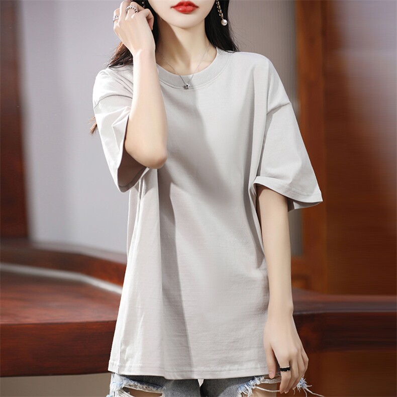 24夏新款圆领100%纯棉女士短袖宽松中长款百搭半袖t恤打底体恤衫，女装T恤，暖习羊绒
