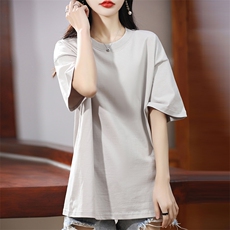 24夏新款圆领100%纯棉女士短袖宽松中长款百搭半袖t恤打底体恤衫，女装T恤，暖习羊绒