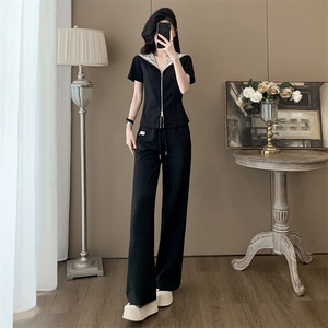 时尚潮流休闲套装女新款高级感显瘦收腰连帽卫衣阔腿裤两件套图片