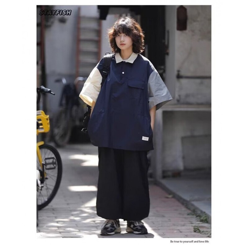 夏季日系复古撞色polo衫翻领宽松男女情侣潮流短袖1008-LT411-p39,男装T恤,星座1008