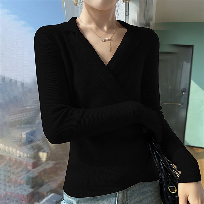 2024秋季新款交叉领长袖短款羊毛上衣简约休闲，女装羊毛衫，秋双羊绒