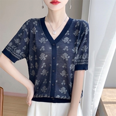 夏季新款天丝提花V领假开衫女宽松百搭显瘦时尚休闲上衣，女装针织衫/毛衣，暖娇绒