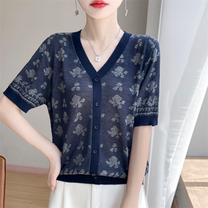 夏季新款天丝提花V领假开衫女宽松百搭显瘦时尚休闲上衣图片