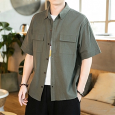 2021夏季新款日系大码男宽松风亚麻棉麻短袖衬衫C552-P35，男装衬衫，电商A001