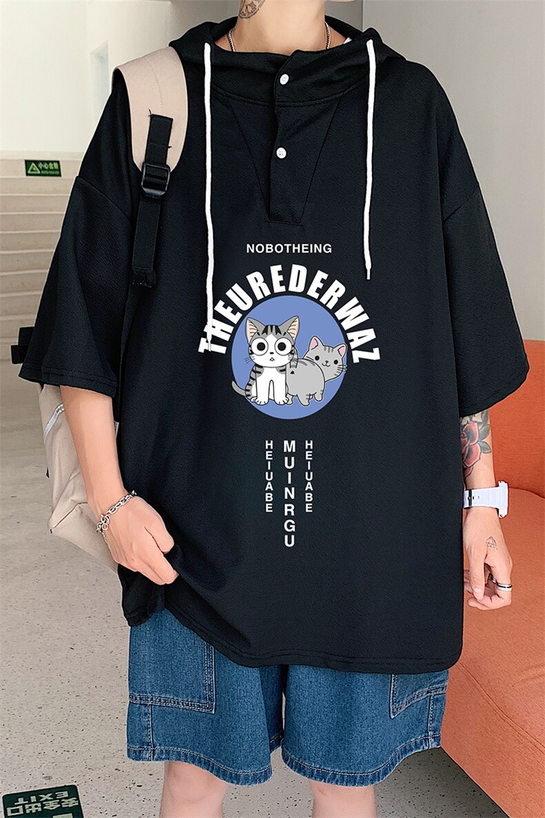 LD54160-P45连帽短袖t恤男大码胖子带帽五分袖中袖,男装T恤,电商A040