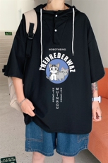 LD54160-P45连帽短袖t恤男大码胖子带帽五分袖中袖，男装T恤，电商A040