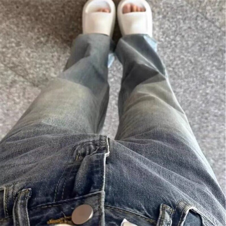 复古小个子阔腿牛仔裤女夏季新款设计感高腰窄版宽松显瘦直筒长裤图片