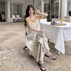 高级感叠穿吊带罩衫裙套装女2025夏新款减龄T恤波点阔腿裤三件套，女装套装/套裙，维壹