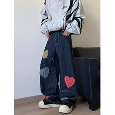 秋款男牛仔裤红色爱心格子拼接贴补牛仔裤男女长裤NK7786P55，男装牛仔裤，星座1013-1