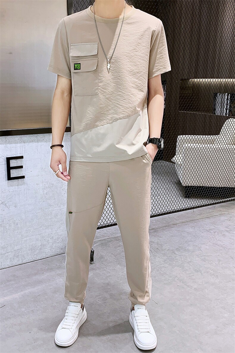 夏季冰丝薄款短袖T恤休闲两件套宽松潮流空调长裤A436-2131-P60,男装T恤,电商A436