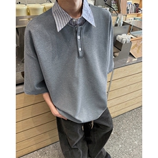 8XL-M假两件衬衫领短袖T恤大码夏季条纹拼接polo衫半袖DX1211/P45，男装Polo衫，电商B238