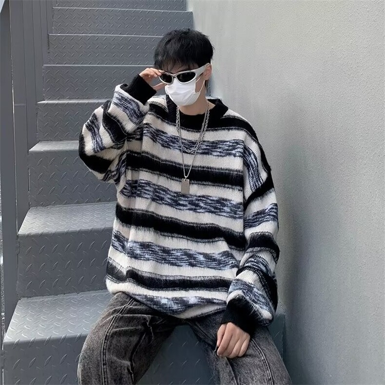 条纹针织衫男美式复古学院风潮牌oversize软糯百搭毛衣M1652-P46，男装针织衫/毛衣，星座512-4