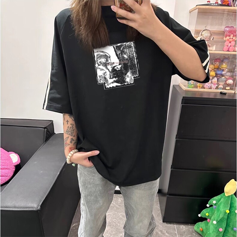 抖音得物高品质二开240克宽松纯棉美式潮牌三条杠织带短袖T恤,男装T恤,电商A486-1