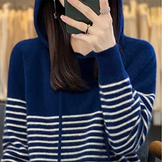 安迪绒条纹帽衫2024年秋季简约套头时尚针织衫，女装针织衫/毛衣，桦兴羊绒