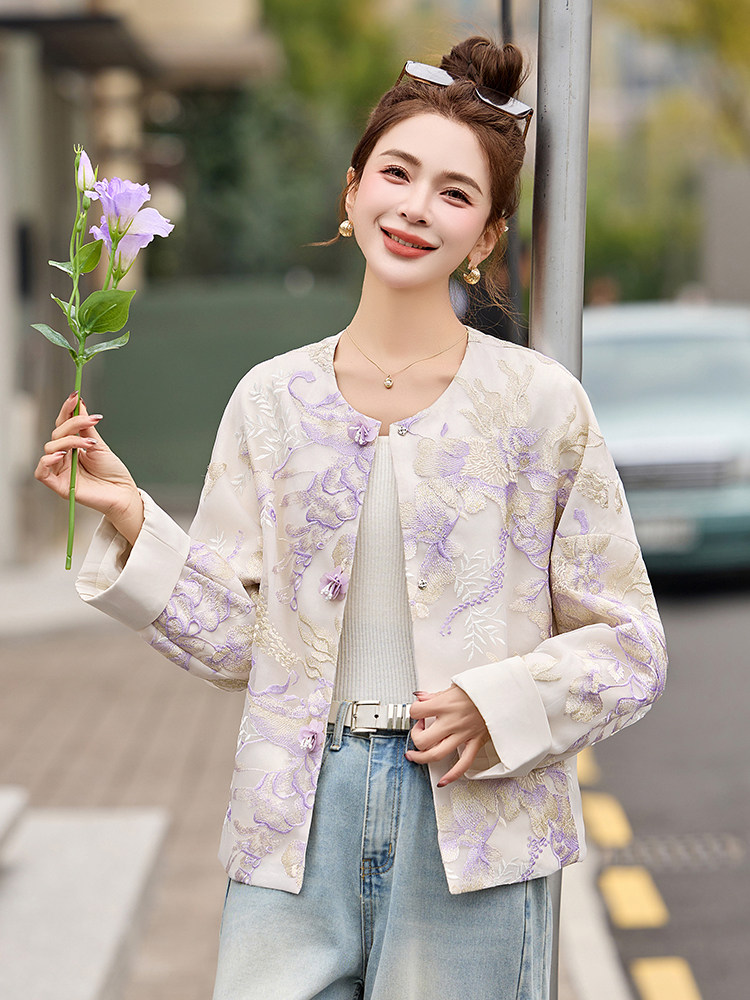 2025春夏季新款紫色重工刺绣提花蕾丝防晒衣新中式国风短款外套女,女装短外套,伊仟回