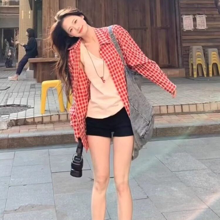 TC635-P45日系复古红色格子长袖衬衫女韩版百搭宽松甜美设计感,女装衬衫,星座617A-2