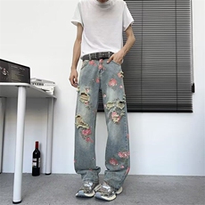 cleanfit牡丹提花牛仔裤男小众设计感水洗蓝裤子休闲直筒微喇裤，男装牛仔裤，星座813-2