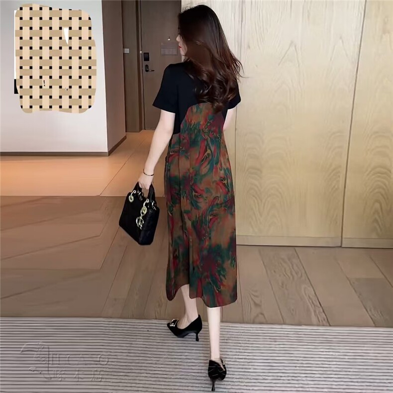 夏季新款大码女装拼接两色连衣裙冰丝棉简约轻柔透气A字中长裙,女装连衣裙,娇莉