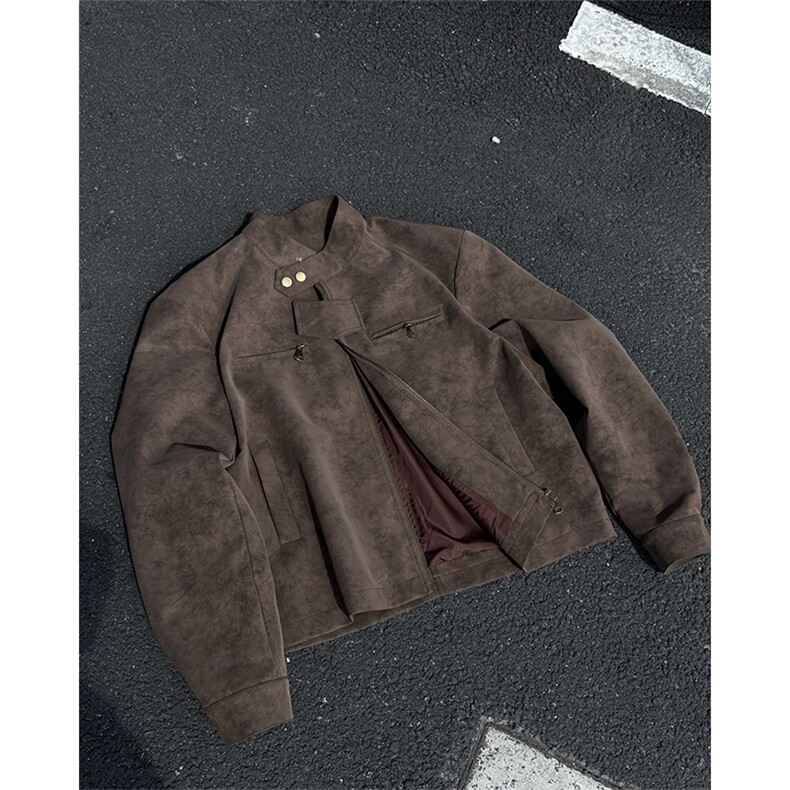 JK9922-P75控128秋季老钱风短款宽松夹克外套男潮牌扎染垫肩皮衣,男装夹克,电商A058-1（原电商C417）