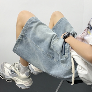 夏季新款松紧腰短裤男款拉链设计感工装牛仔薄款短裤图片