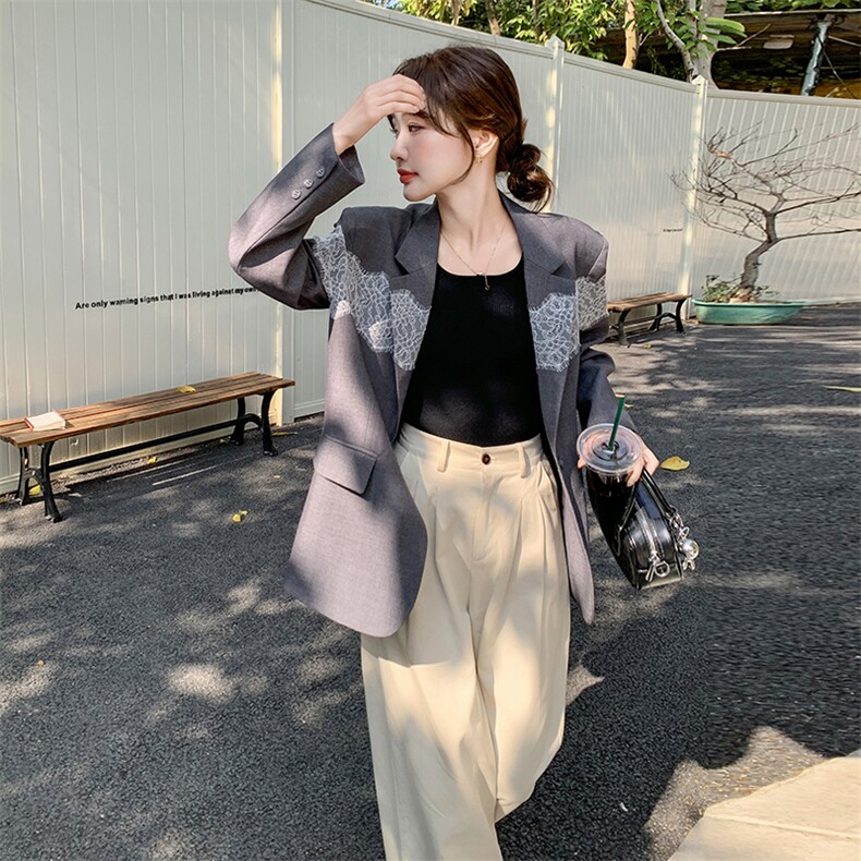 灰色休闲西装套装裙女小个子蕾丝拼接2025春季新款韩系减龄百褶裙,女装西装,秋水欣儿