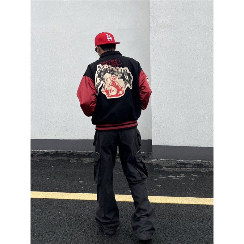 男美式复古撞色拼接夹克棒球服男女贴布绣宽松情侣外套HH209P74,男装夹克,星座1013-5