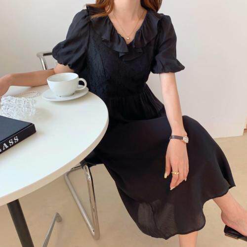 夏季新款领口带荷叶边连衣裙，女装连衣裙，墨初