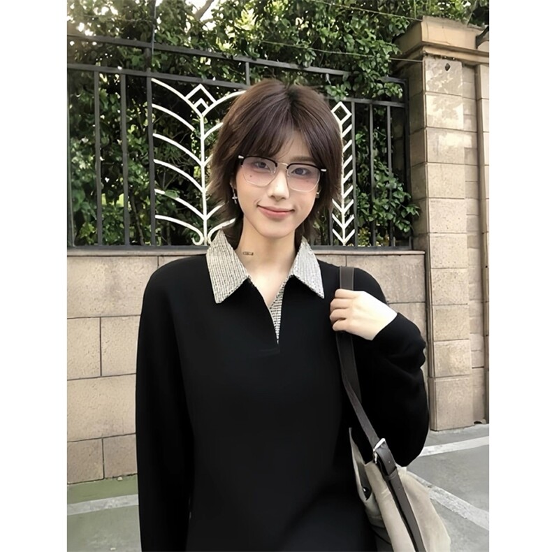 现货千鸟格拼接翻领T恤长袖上衣情侣款男女CX01-TP35,男装T恤,星座910A