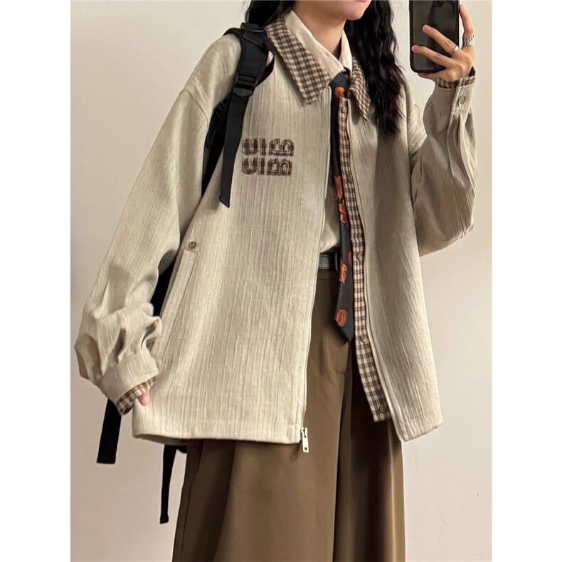 W647-P68MIU家老钱风假两件拼接外套Cleanfit美式复古千鸟格,女装短外套,电商B323A
