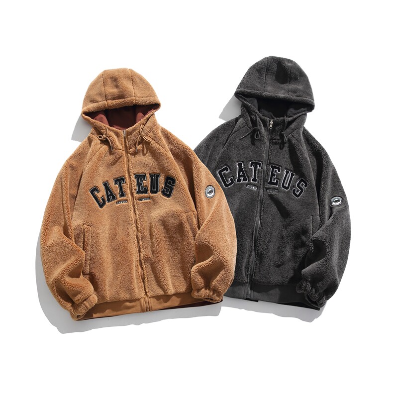 2025冬装褶皱拍双面穿羊羔毛字母刺绣连帽棉服外套3768P180,男装棉衣,电商S012（CATTEE）