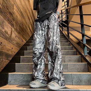 树脂树叶迷彩机能褶皱伞兵工装裤街头复古宽松直筒休闲裤 KZ129图片
