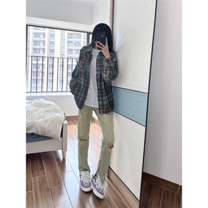 【有货】蓝棕色格子衬衫男设计感高级衬衣美式复古外套C40LL-P43