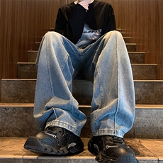 牛仔裤男秋冬新款潮牌美式高街痞帅阔腿裤直筒拖地长裤WH211-P48，男装牛仔裤，星座1001-1