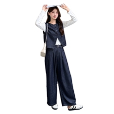 复古牛仔套装女2025秋季新款短袖马甲上衣阔腿长裤套装，女装套装/套裙，瑶迪依秀