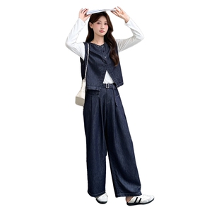 复古牛仔套装女2025秋季新款短袖马甲上衣阔腿长裤套装图片