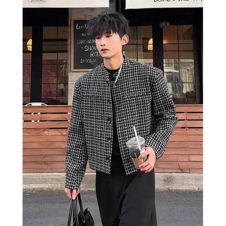 春装垫肩格子短款小香风外套西装男痞帅立领夹克西服新款简约文艺图片