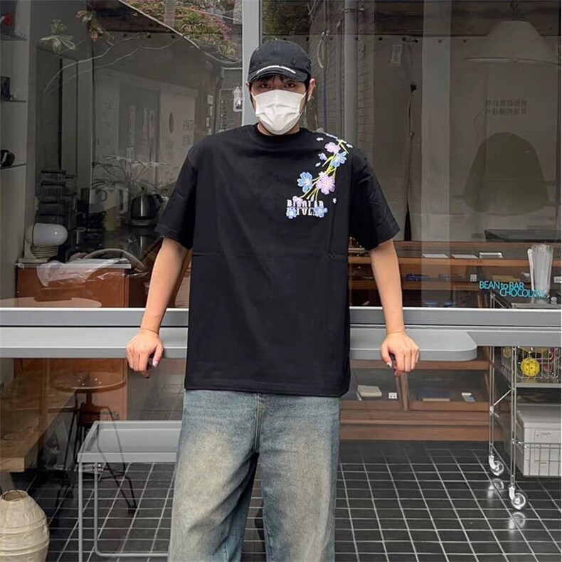 万针全刺绣解构设计260克重磅双纱纯棉高品质美式高街短袖T恤特39,男装T恤,电商A486