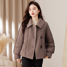 时尚毛呢拼接羽绒服女2023新款冬季宽松保暖白鸭绒短外套冬装，女装羽绒服，衣之秀