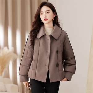 时尚毛呢拼接羽绒服女2023新款冬季宽松保暖白鸭绒短外套冬装图片