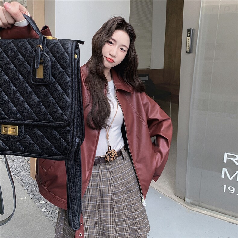 时髦炸街红色皮衣外套女2025秋季新款港风复古高级感气质短款夹克,女装皮衣,2D008