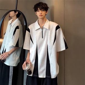 小众设计师男装正肩polo衫短袖男夏季黑白拼接t恤半拉链T64-P48图片