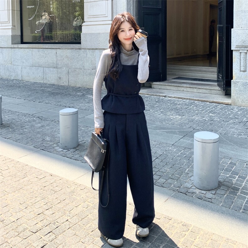 深蓝色单排扣收腰吊带套装女秋季2025年新款打底衣阔腿长裤三件套,女装套装/套裙,2C159