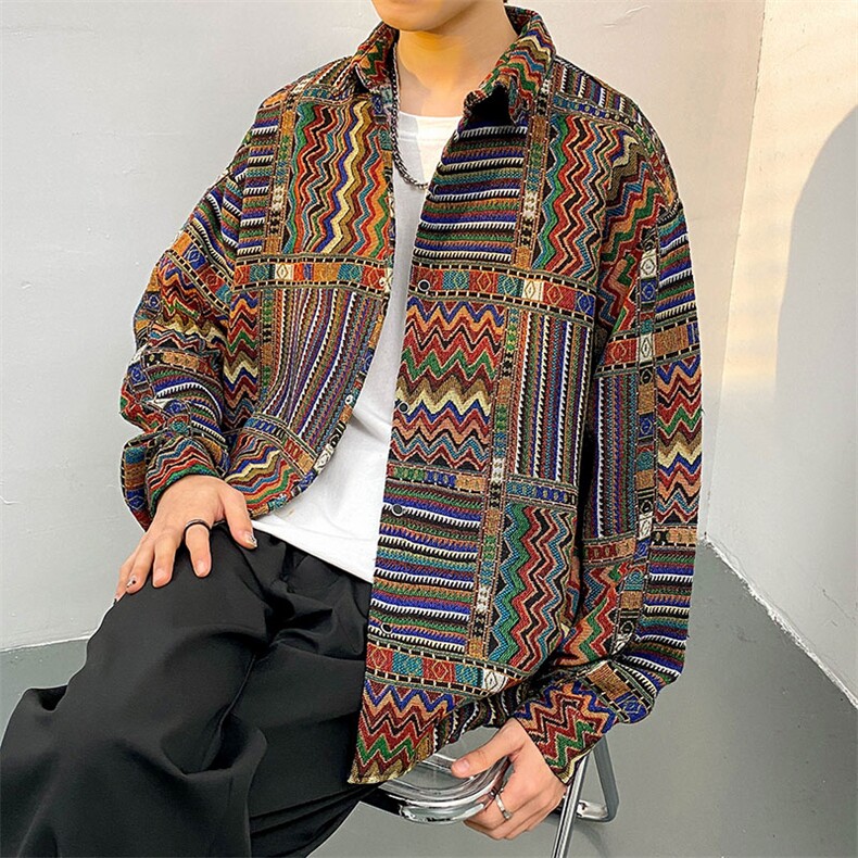 民族风加厚长袖衬衫男青少年扎染花色外套百搭加厚衬衣CS913P55,男装民族服装,电商A062