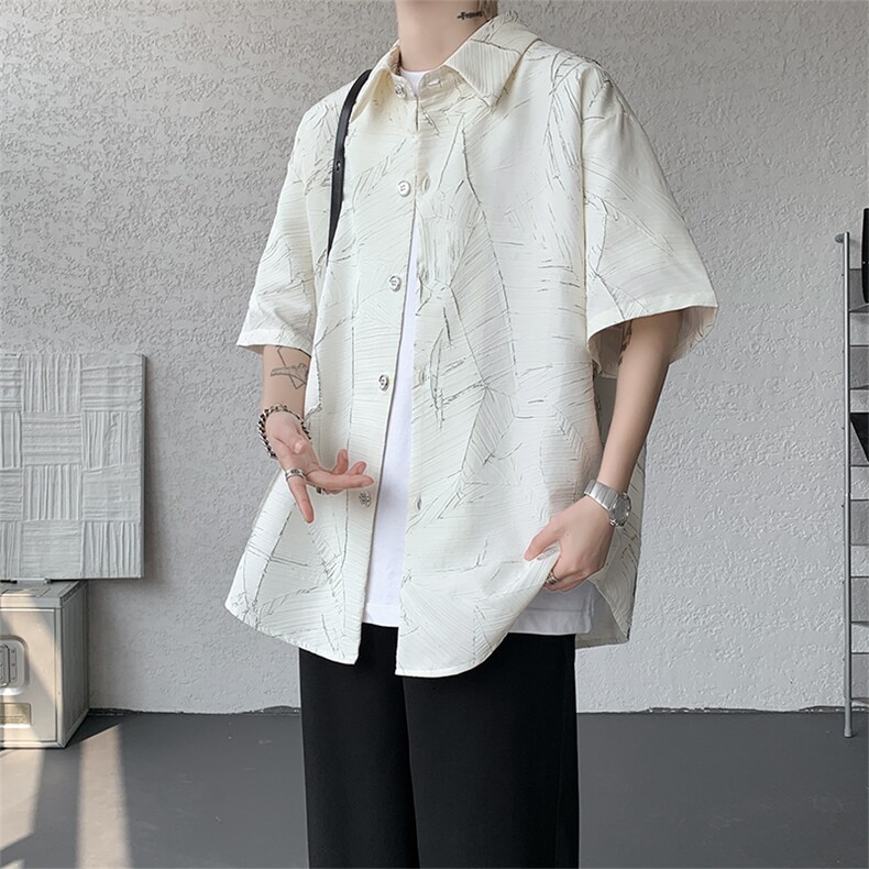 高品质潮流短袖衬衫小众解构肌理感黑色裂纹韩版花衬衫打底T恤P50,男装T恤,电商B319