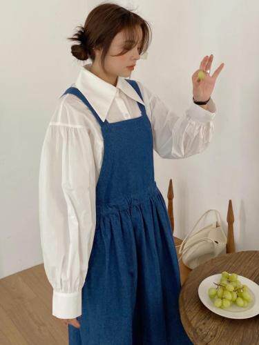 春季新款-日系白衬衫+背带牛仔裙，女装衬衫，LUCY