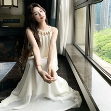 【新款】夏季米白色网纱挂脖连衣裙2C158-8670-P115-K168，女装连衣裙，2C158