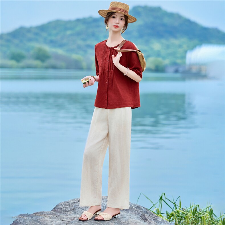 套装女2026夏季新款复古宽松文艺配阔腿裤两件套，女装套装/套裙，涵誉