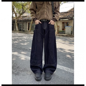 美式小众刺绣拼接重工亚比春季复古做旧微喇牛仔裤女拖地阔腿长裤图片